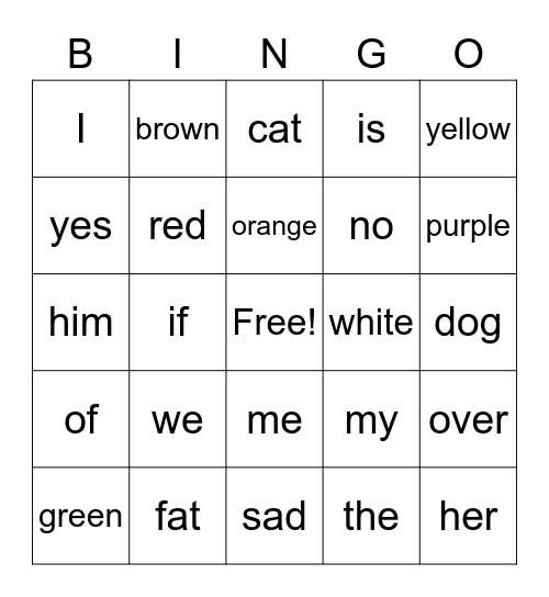 Sight Words Bingo Card