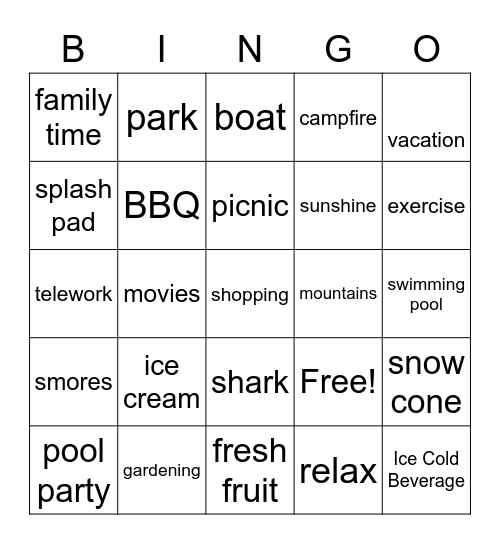 Summer Fun Bingo Card