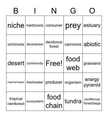 Ecosystem Bingo Card