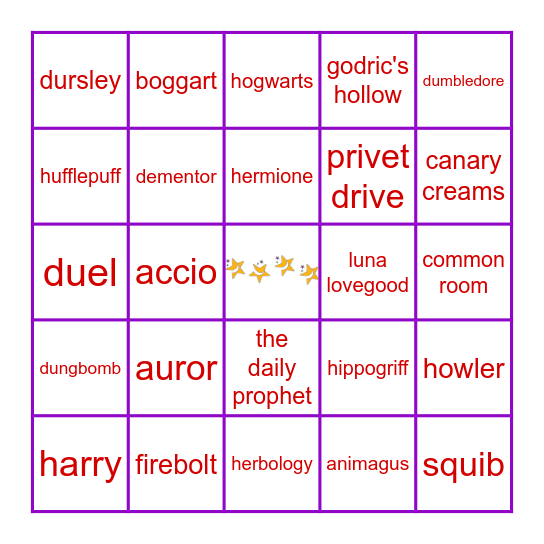 Harry Potter Bingo Card