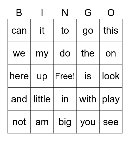 Sight Word Bingo Card