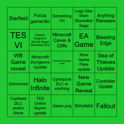 Xbox E3 2021 Bingo Card