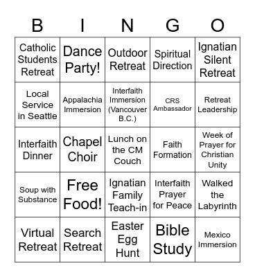 SU Campus Ministry BINGO! Bingo Card