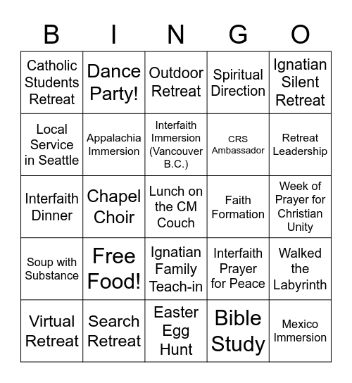 SU Campus Ministry BINGO! Bingo Card