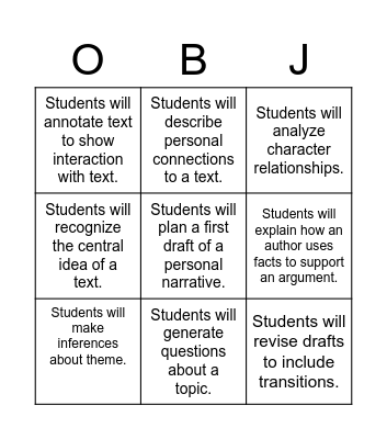 OBJ/DOL MATCH Bingo Card