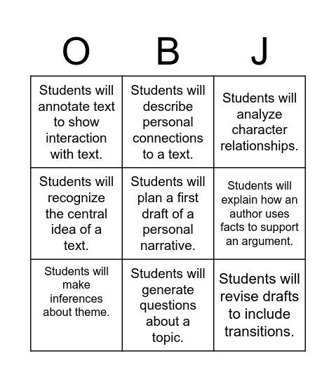 OBJ/DOL MATCH Bingo Card