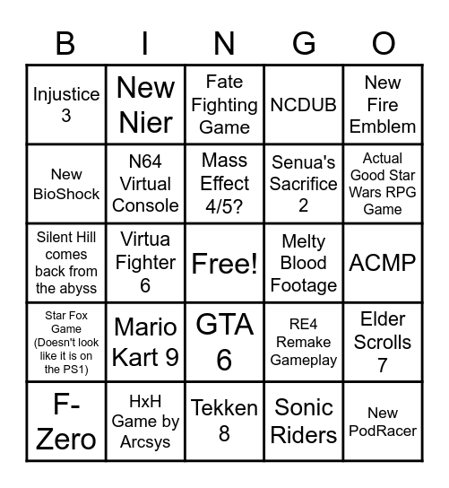E3 Hopes And Dreams Bingo Card