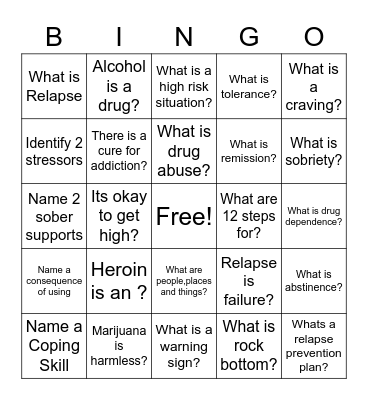 Relapse Prevention Bingo Card