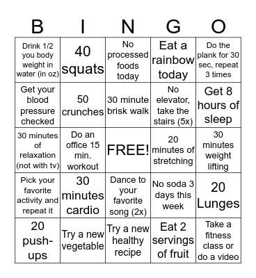 Biggest Loser Challenge Season 7 Bingo Card