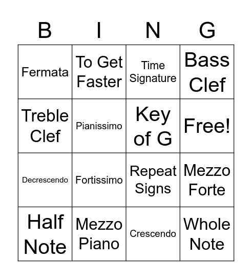 Music Terms Bingo Card