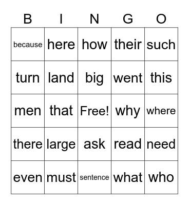 Sight Words Bingo Card