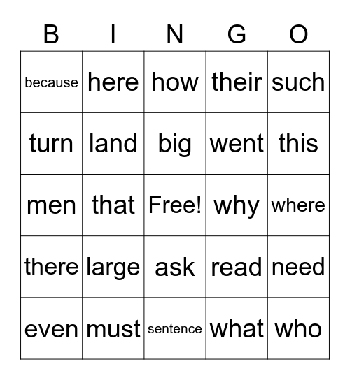Sight Words Bingo Card