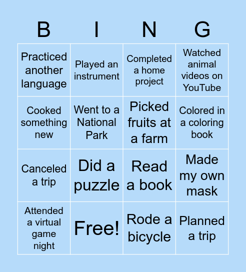 During the pandemic, I… Bingo Card