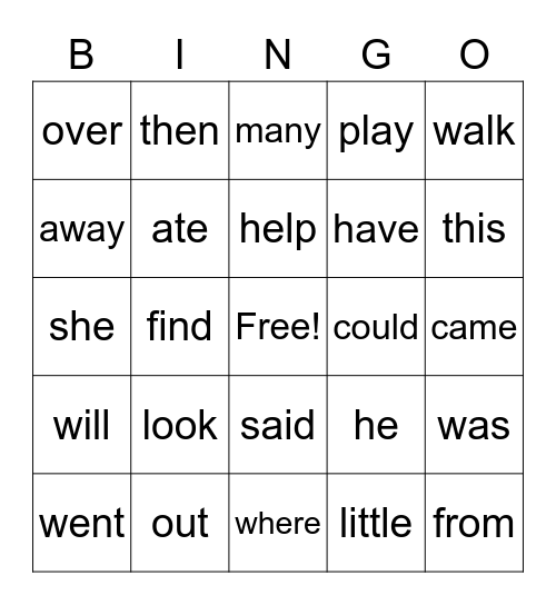 Sight Words Bingo Card