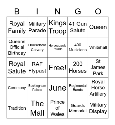 Trooping the colour Bingo Card