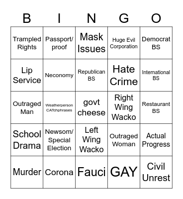 CARD FORMERLY KNOWN AS COVID Bingo Card