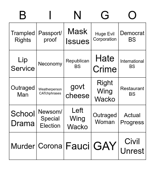 CARD FORMERLY KNOWN AS COVID Bingo Card