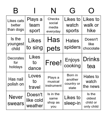 Get To Know Your Classmates Bingo Card