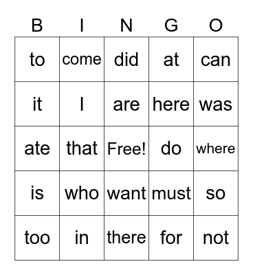 Heart Words Bingo Card