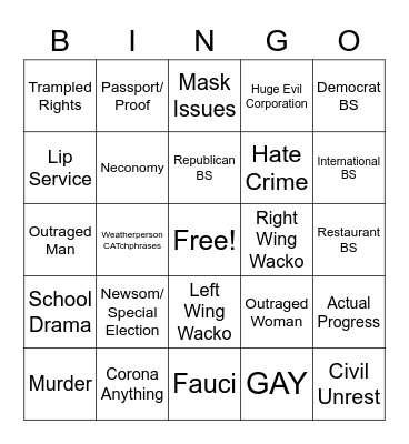 CARD FORMERLY KNOWN AS COVID Bingo Card