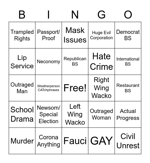 CARD FORMERLY KNOWN AS COVID Bingo Card