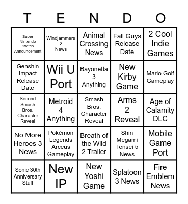 Nintendo E3 2021 Bingo Card