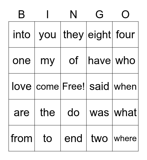 Snap Words Bingo Card