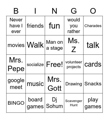 Teen Social Bingo Card