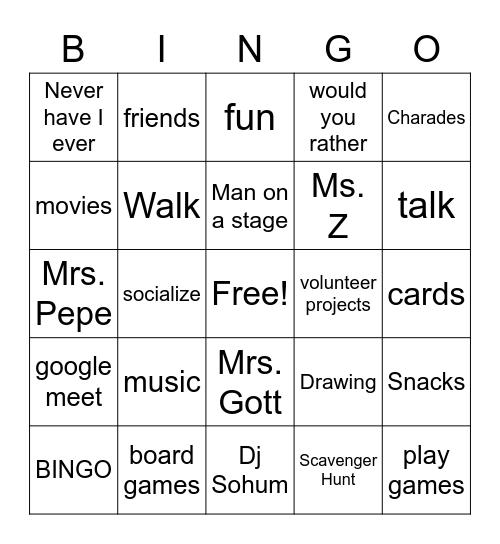 Teen Social Bingo Card