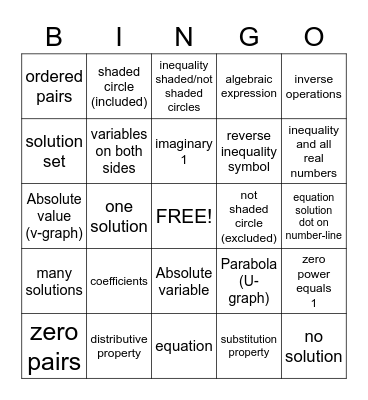 Algebra Bingo Card