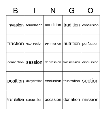 tion / sion Bingo Card