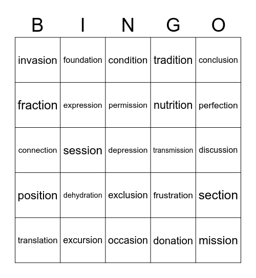 tion / sion Bingo Card