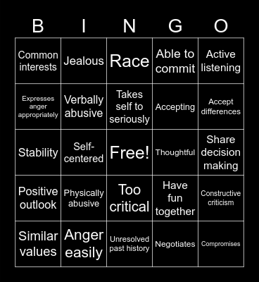 Relationship Bingo Card