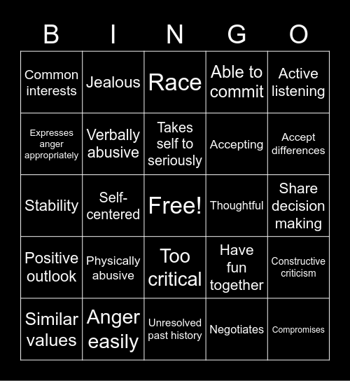 Relationship Bingo Card