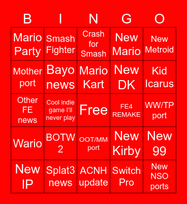 Nintendo E3 Bingo Card