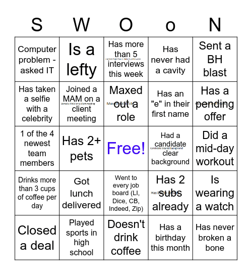 Swoon Bingo Card