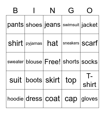 clothes vocabulary Bingo Card