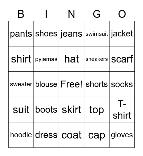 clothes vocabulary Bingo Card