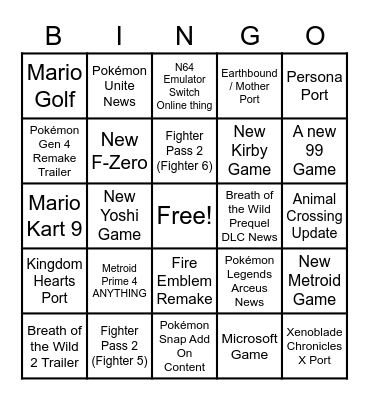 Nintendo E3 Bingo Card