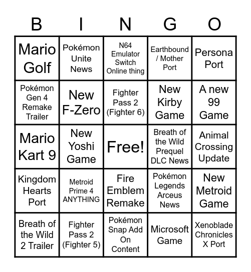 Nintendo E3 Bingo Card