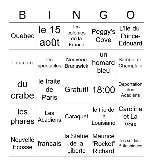 Les Acadiens Bingo Card