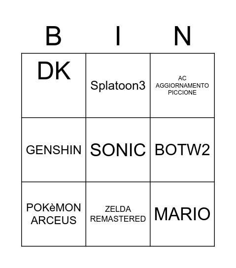 E3 NINTENDO 2021 Bingo Card