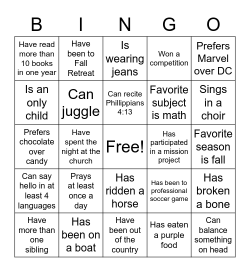 Youth Group Bingo! Bingo Card