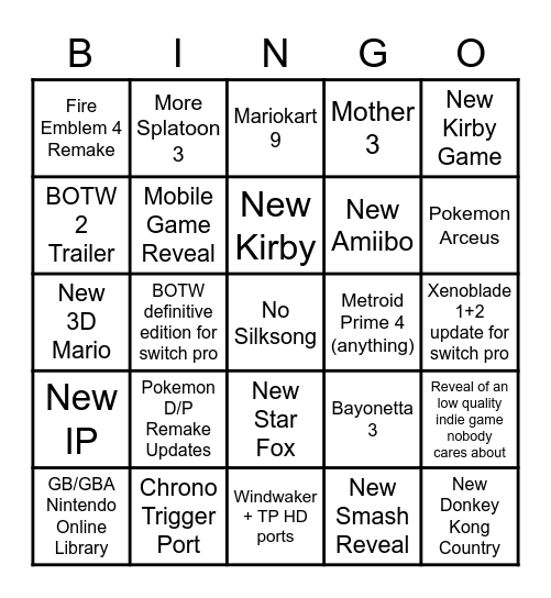 Nintendo E3 Bingo Card