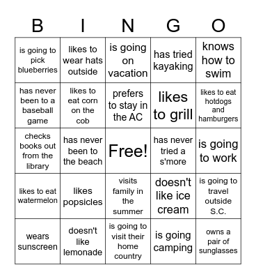 Find someone who - summer activities Bingo Card