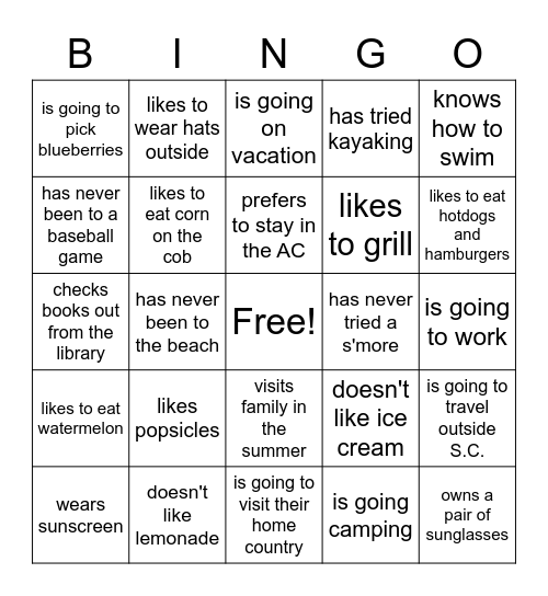 Find someone who - summer activities Bingo Card