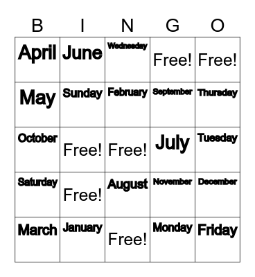 Days & Months Bingo Card