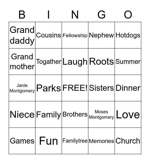 Montgomery Family Reunion 2015 Bingo Card