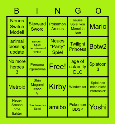 Nintendo E3 2021 Bingo Card
