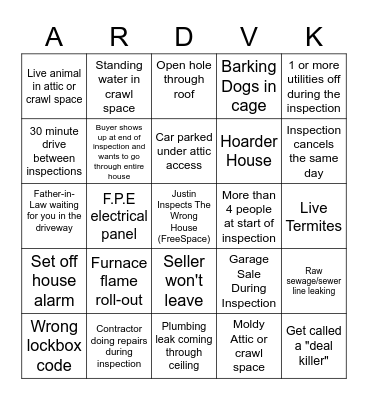 Aardvark Home Inspector's Bad Day Bingo Card